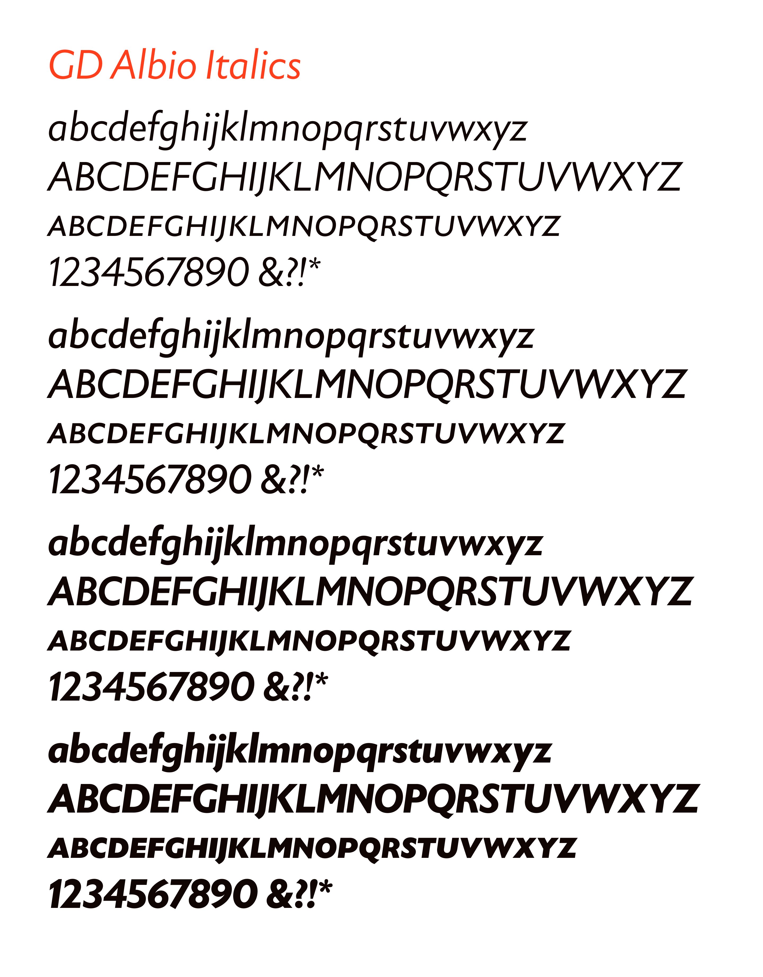 GD Albio comes in four weights with italics, and small caps for all styles.