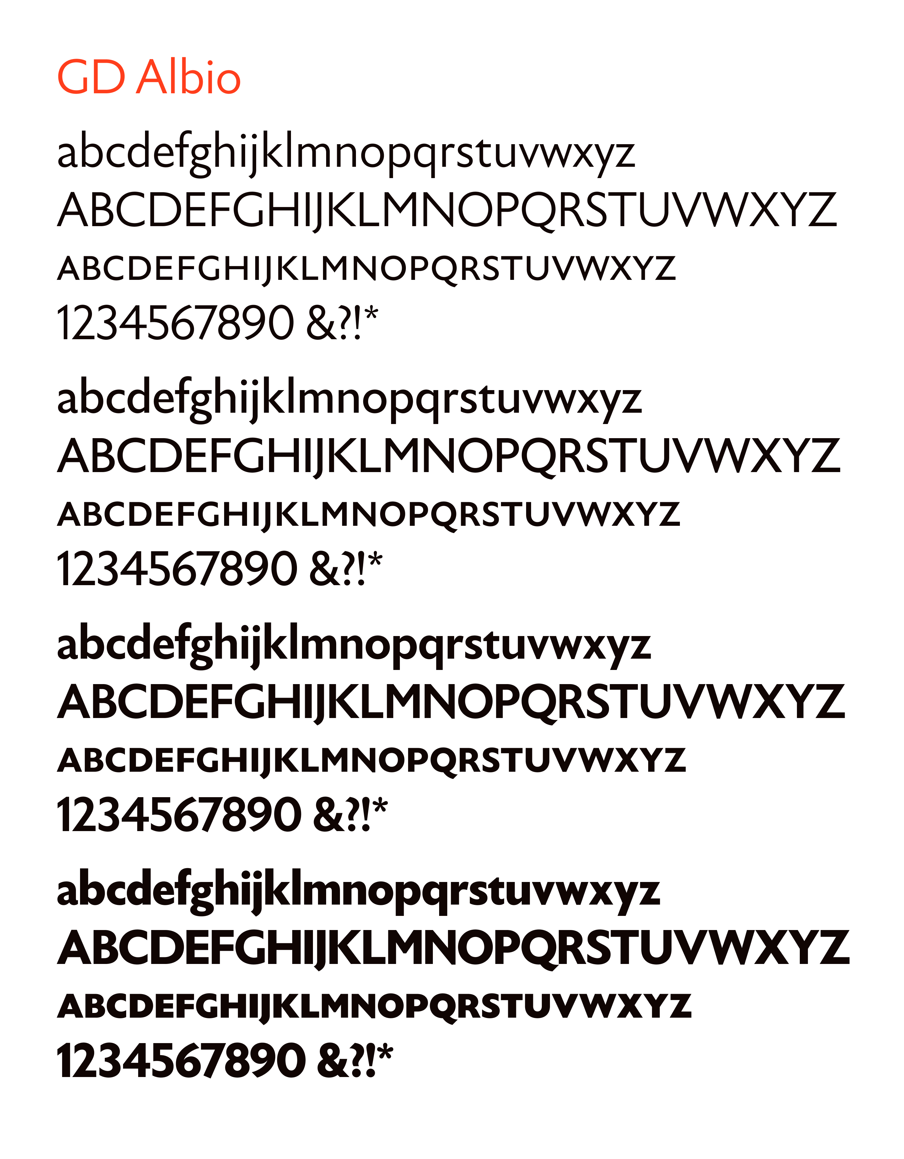 GD Albio comes in four weights with italics, and small caps for all styles.